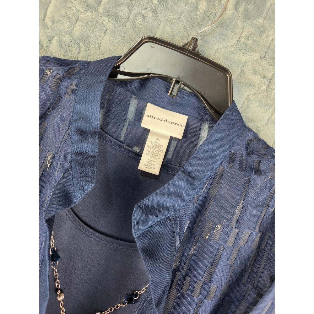 Alfred Dunner Navy Blue 2-Piece Jacket Set with Necklace XL Geometric Burnout